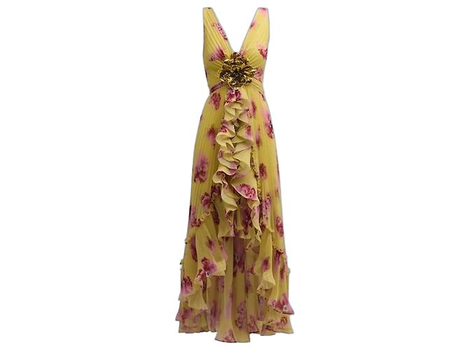 Emanuel Ungaro Ungaro Plissee-Kleid mit gelbem Blumenmuster und Rüschen Pink