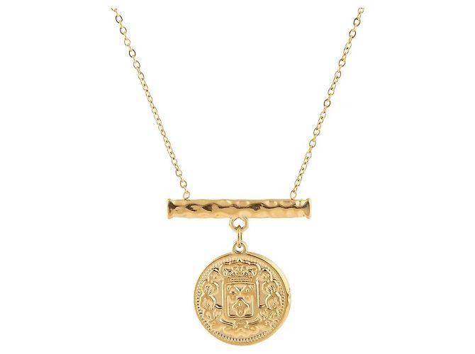 Autre Marque Colar banhado a ouro com pingente de moeda e barra martelada Dourado