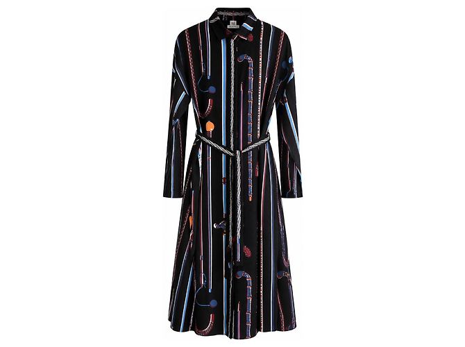 Hermès Vestido de Seda Les Cannes Negro Blanco Roja Azul