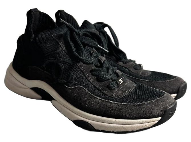Chanel Black Leather and Textile Sneakers