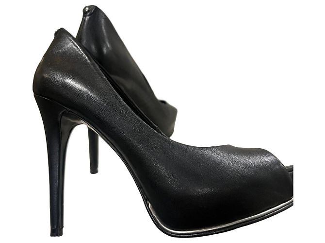 Guess Black Leather Open-Toe Platform Pumps
