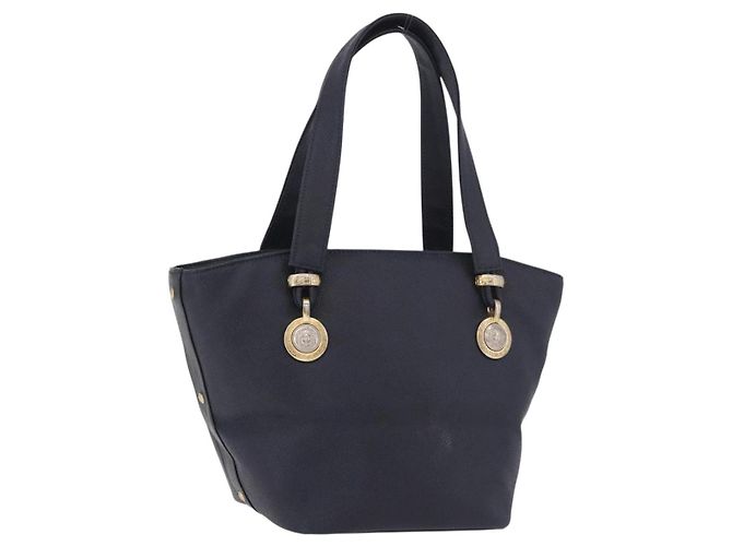 Bolsa de mão VERSACE em couro azul marinho e dourado Auth bs35368 