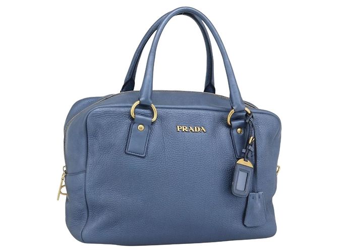 Bolsa de mão PRADA em couro azul e dourado Auth 183765V