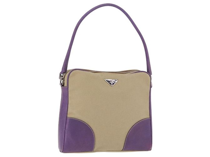 Bolsa de Ombro PRADA Canvas Bege Prata Auth 183714