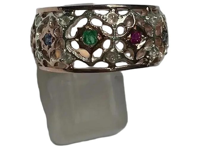 Autre Marque Pink Gold Multi-Gemstone Openwork Band Ring White Red Blue Golden Green Purple