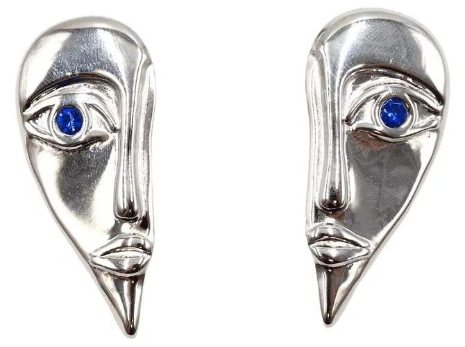 Autre Marque Boucles d'oreilles visage abstrait avec zircons bleus Argenté