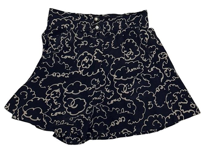 Saia culote Chanel em seda estampada Preto Bege