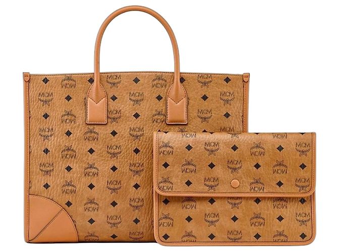 MCM Bolsa Tote Visetos com Pouch Marrom Conhaque