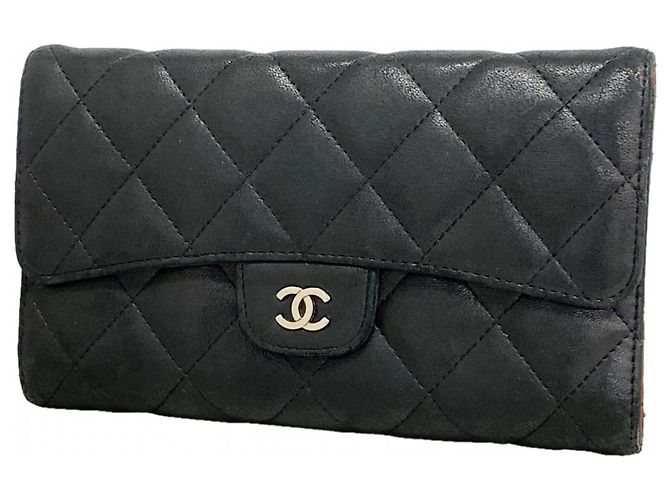 Timeless Chanel Black Lambskin Tri-Fold Long Wallet