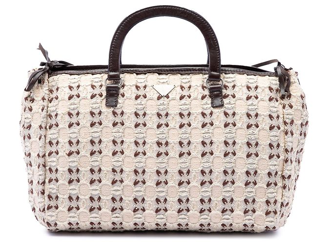 Bow Bolsa Prada de lona marrom com laço e alça clochette Bege