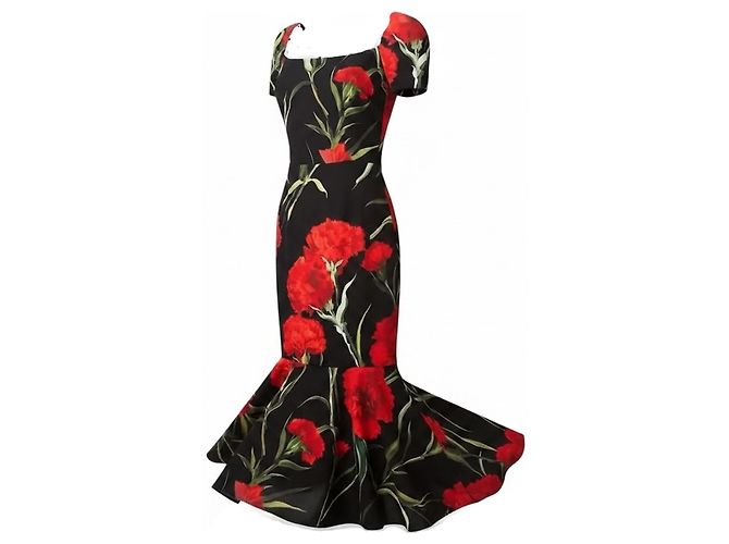 Dolce & Gabbana Blumenkleid mit Rüschensaum Schwarz Rot