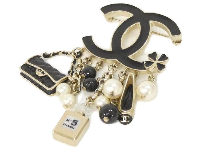 Chanel 61351 Brosche Schwarz Weiß Gold Perle Golden
