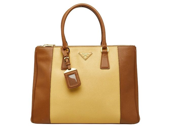 Prada Galleria Large Triangle Logo Plate Handtasche Braun Gelb