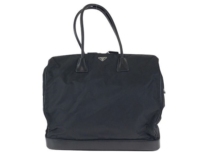 Prada Nylon Leder Tessuto Logo Tote Schwarz