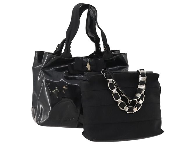 Borsa Salvatore Ferragamo in nylon e pelle vernice 2 set nero Auth BA13155
