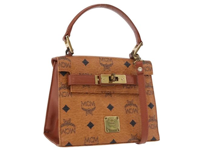 Bolsa MCM Vicetos Logogram PVC Couro 2way Marrom Ouro Auth 184176A Dourado