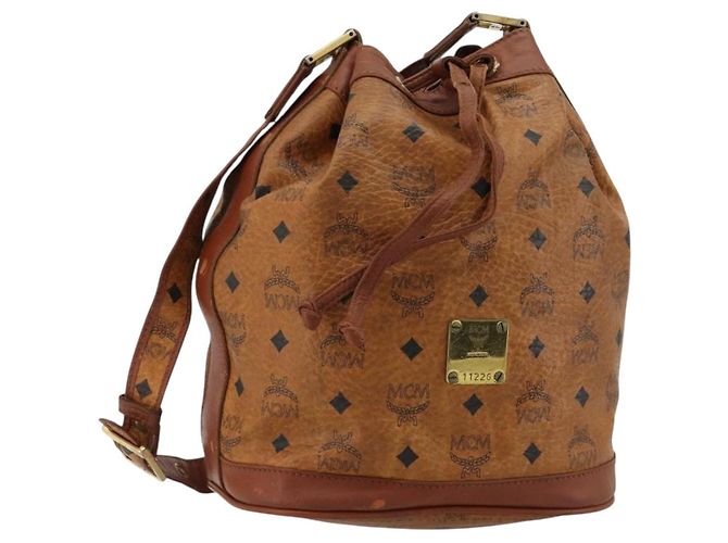 Borsa a tracolla MCM Vicetos Logogram PVC Pelle Marrone Oro Auth gh2110 D'oro