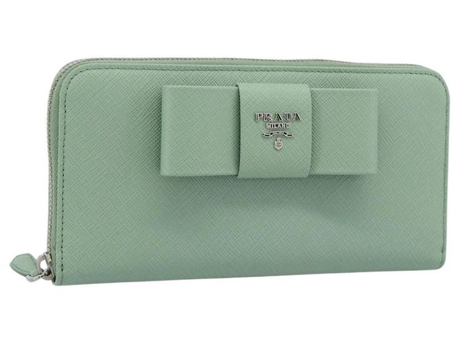 PRADA Ribbon Long Wallet Saffiano leather Green Silver Auth 182941SAM Silvery