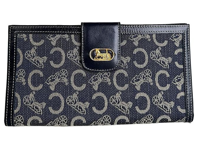 Edge Céline Vintage Celine C Monogram Canvas Wallet Navy Grey Gold Navy blue