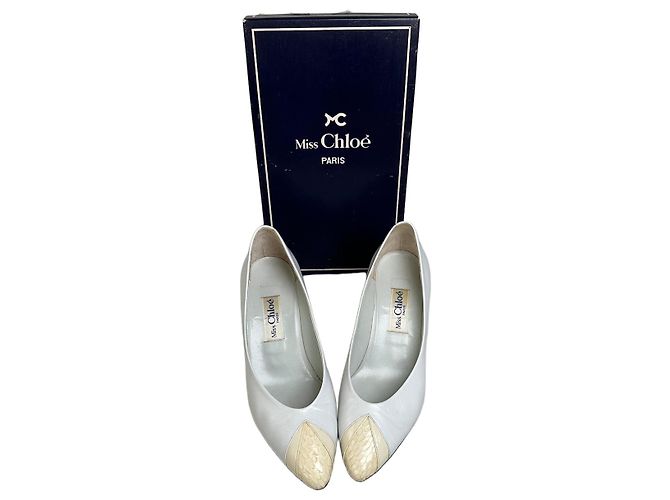 Chloé Vintage Chloe Leder-Absatzschuhe Creme Weiß Silber EU35.5