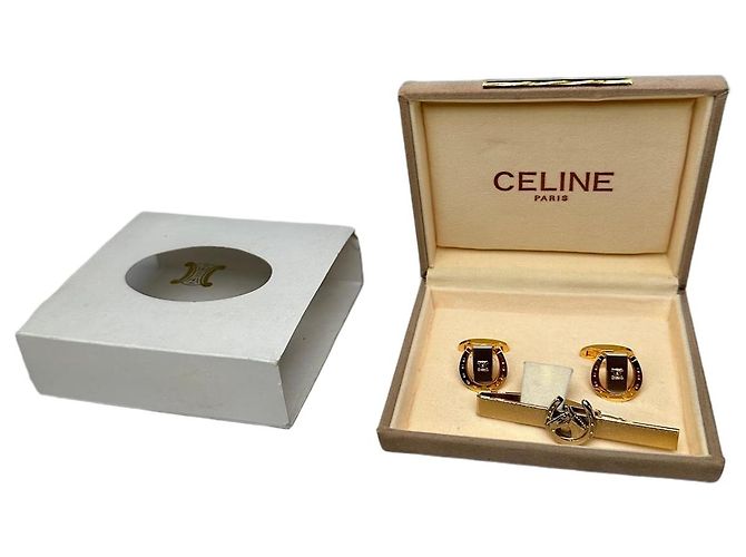 Céline Set di gemelli e fermacravatta vintage con logo Celine, Oro D'oro
