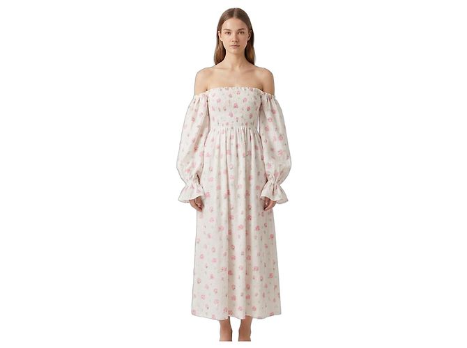 Autre Marque Atlanta Kleid aus Leinen mit Blumenmuster Weiß