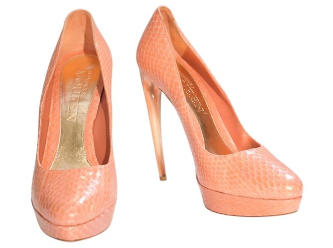 Alexander McQueen Peach Snakeskin Embossed Leather Platform Pumps