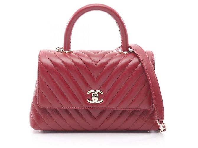 Chanel Coco Handle Flap Stitch Chevron Handtasche, Leder, Damen, Rot ()