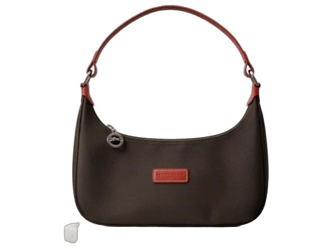 Longchamp Bolsa de Ombro Lona Castanha e Couro Vermelho Marrom