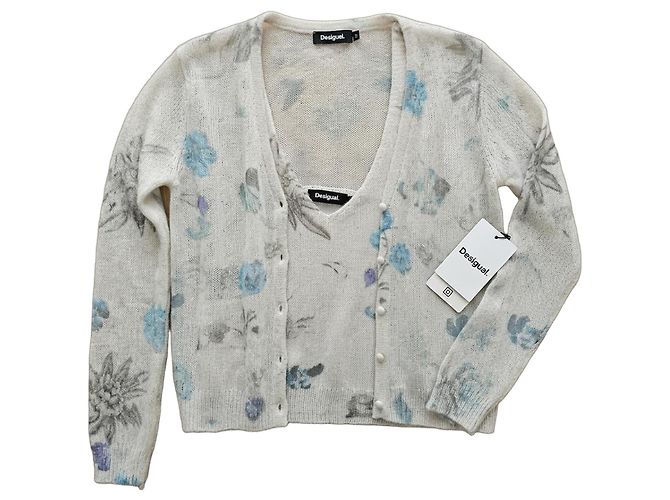 Ensemble Twin Set Desigual en maille florale Blanc Bleu Gris
