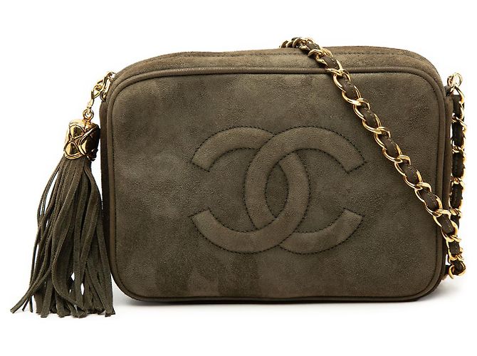 Bolsa Camera Chanel Brown CC em camurça com tassel Marrom Caqui