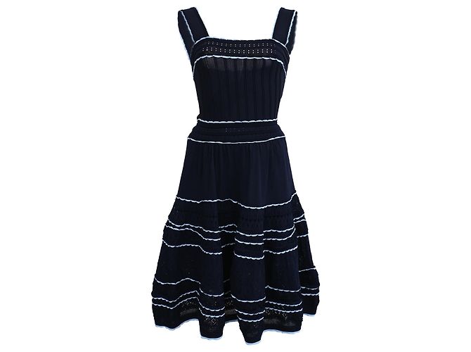 Sandro Pointelle-Strick Mini-Schwingkleid aus Navyblauer Viskose Marineblau