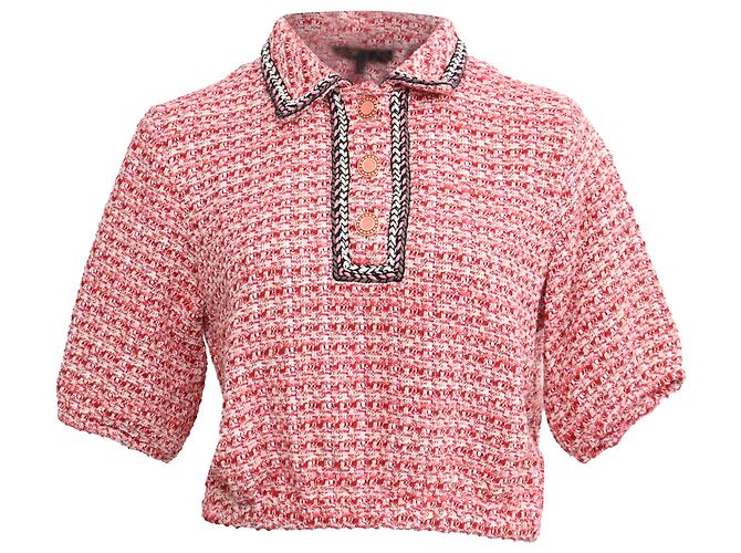Top polo corto de tweed rojo en algodón Maje Roja