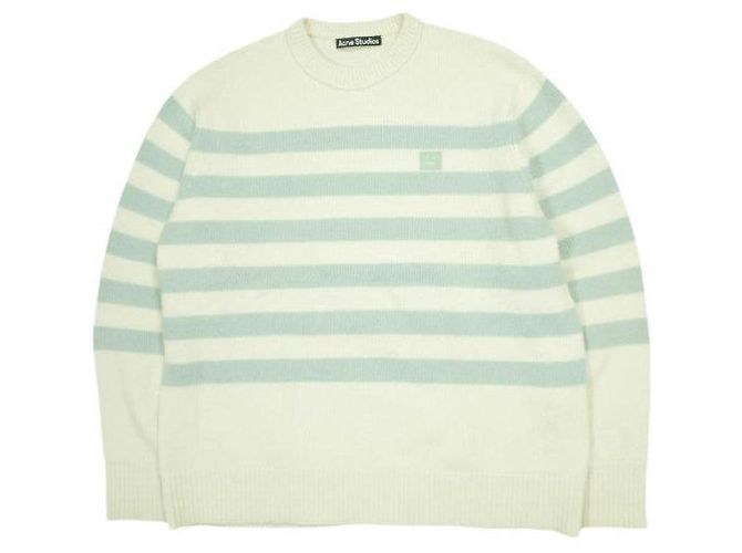 Acne Studios Gestreifter Face Patch Wollpullover Beige Grün 