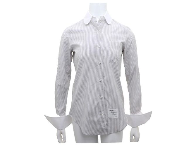 Thom Browne Camisa de cuello redondo de seda y algodón con rayas University Castaño