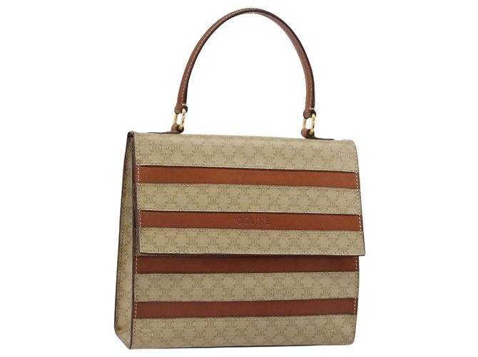 Céline Bolso CELINE Macadam Canvas PVC Beige Oro Auth 184585 Dorado