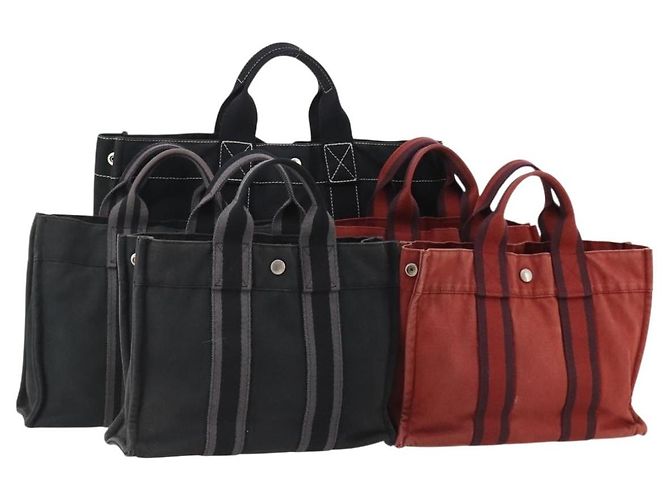 Hermès HERMES Fourre Tout Bolso de Algodón 5 Set Rojo Gris Negro Auth ti3989 Castaño Roja
