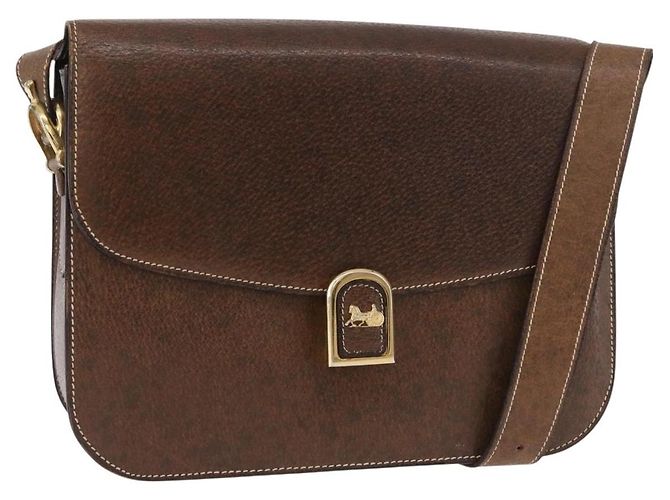 Céline Bolsa de ombro CELINE Horse Carriage em couro marrom e dourado Auth ep14860