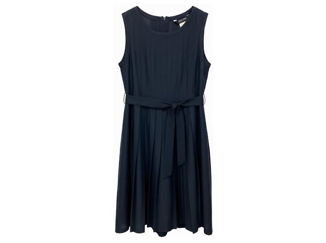 Autre Marque Vestido sem mangas plissado de rami e algodão azul marinho com cinto Max Mara S Collection