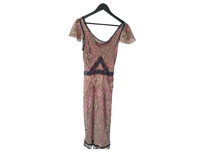 John Galliano Vestido midi de seda estampado Castaño Negro Rosa Beige