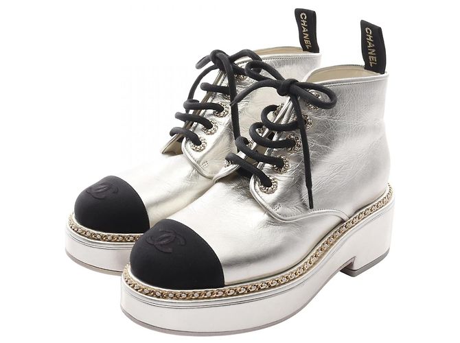 Timeless Chanel Coco Mark Leather Fabric Boots Black Silvery