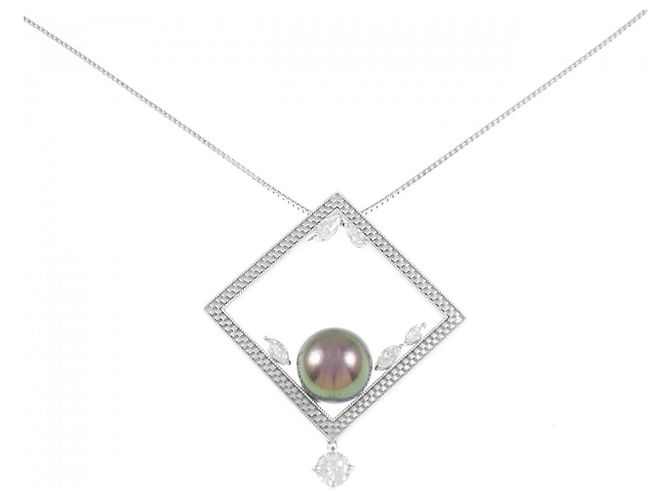 Autre Marque 18K Weißgold-Halskette mit schwarzer Perle und Diamant
