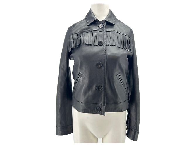 The Kooples Schwarze Lederjacke mit Fransen
