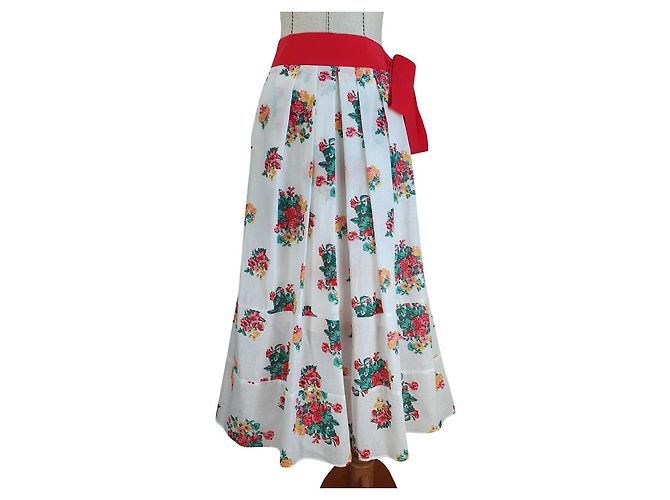 Falda Maxi con Estampado Floral 120% LINO con Cinturón Rojo Rosa Blanco Roja Verde Amarillo