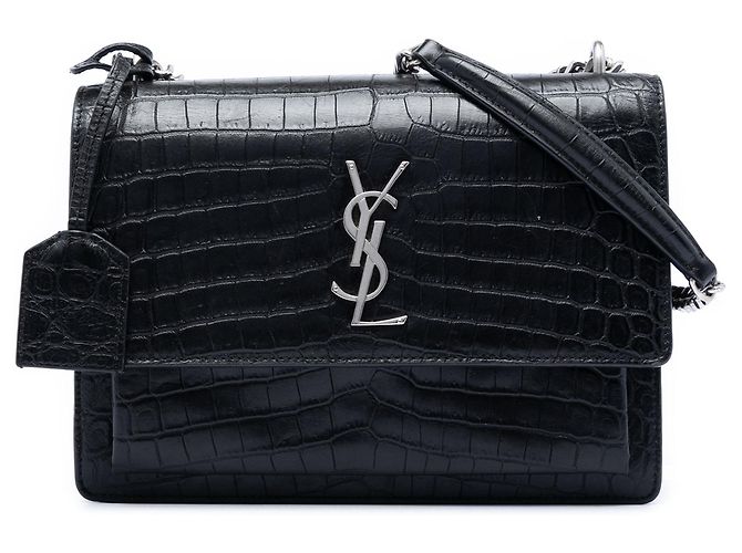 Bolsa transversal Monogram Sunset em couro preto com relevo de crocodilo tamanho Medium Saint Laurent