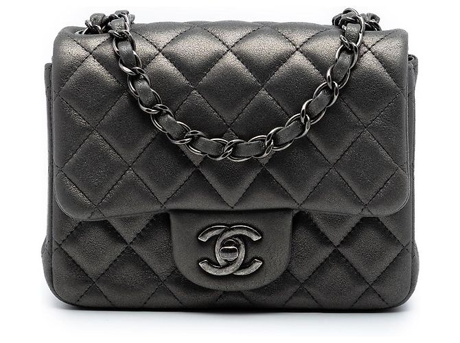 Chanel Gray Mini Square Classic Lambskin Single Flap Marrom Cinza antracite