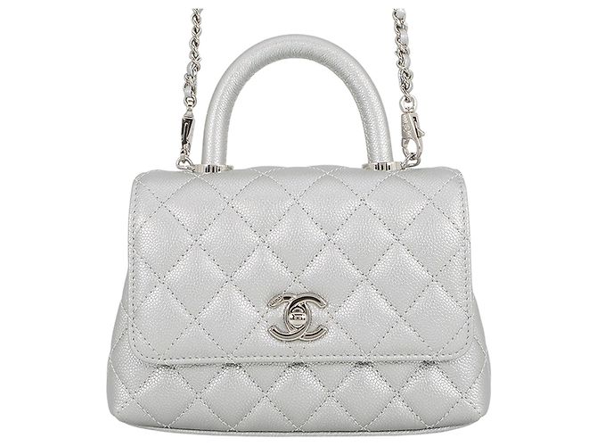 Coco Handle Bolso Chanel Silver Extra Mini Metallic Quilted Caviar Coco Top Handle Plata