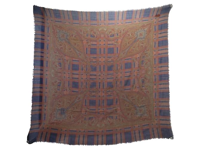 VINTAGE CHALE YVES SAINT LAURENT GRAND CARRE 130CM CACHEMIRE ET SOIE SHAWL Marron 