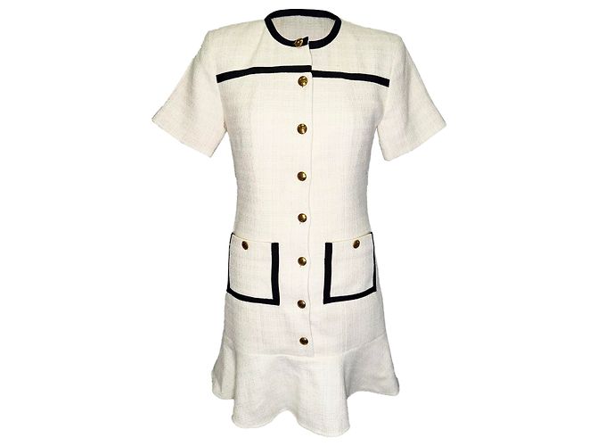 Sandro Cropped Tweed Button-Up Dress in White Polyester Cream