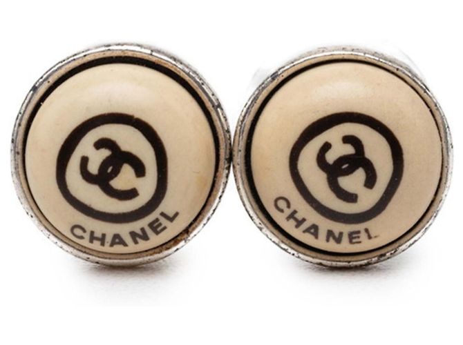 Chanel Coco Mark runde Ohrringe Silber Beige